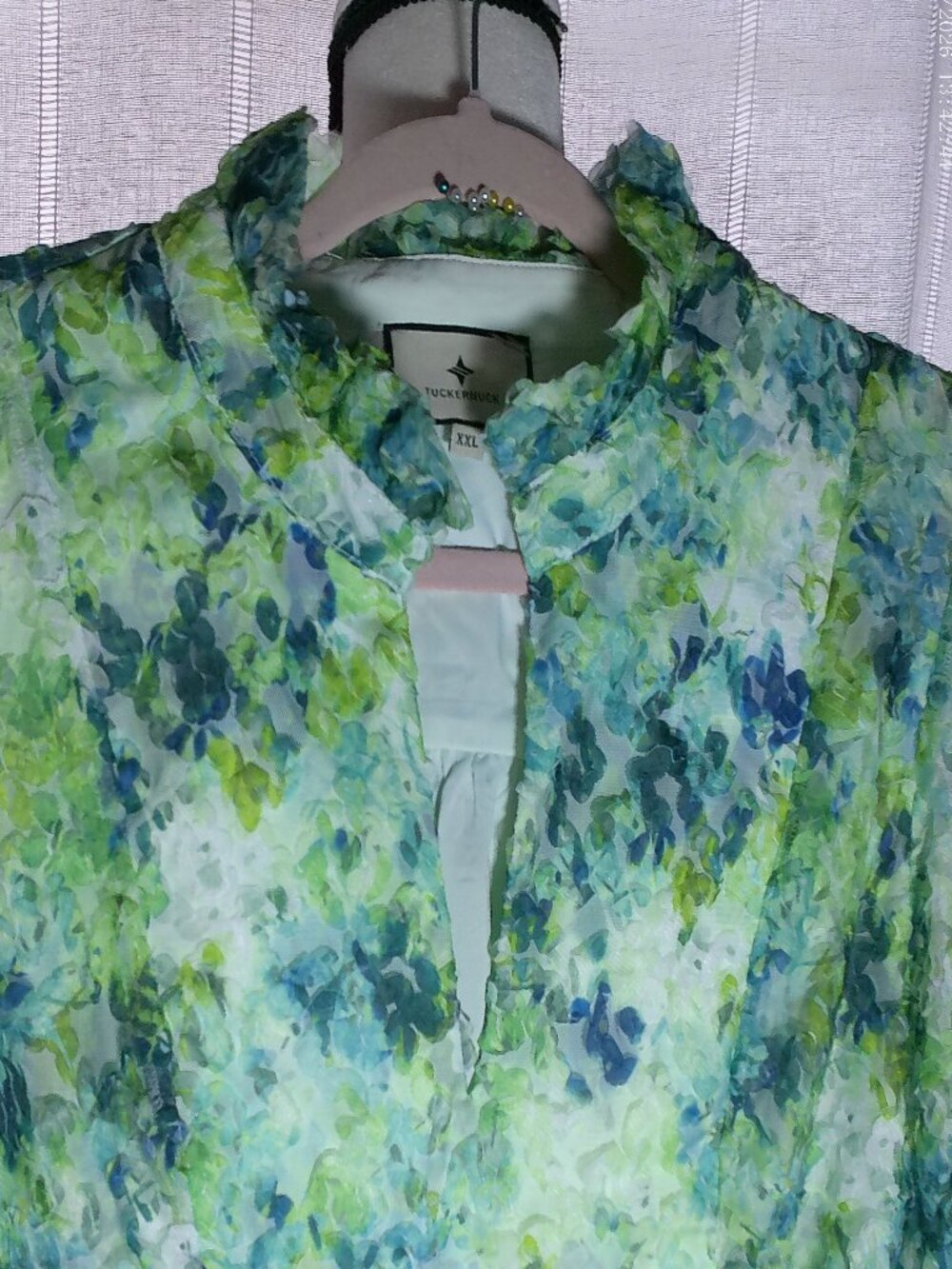 TUCKERNUCK Long Slve Ruffle Collar V-Neck White w/Florals Lacy Overlay Dress XXL - Picture 3 of 11